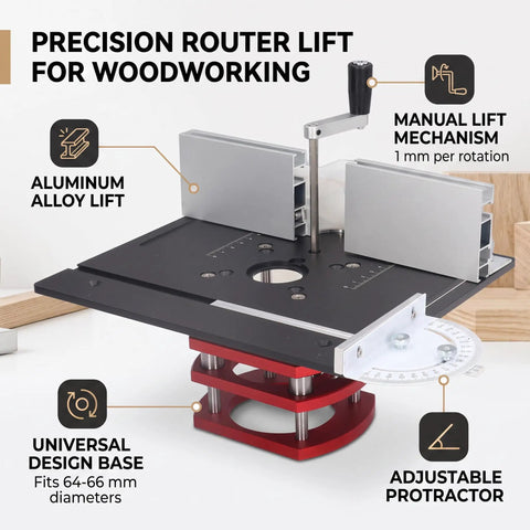 Manual Router Lift Table With Precision Top Plate For 64mm To 66mm Trim Routers Hella Smooth 51mm vertical travel, showing aluminum lift and adjustable protractor.