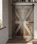 Front view of Embossed Bi Fold Barn Door With Sliding Hardware Kit In Dark Walnut Aged Barrel Finish, 3D Texture Pine Wood Surface