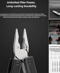 Close-up of the 13-in-1 Full-Size Multitool With Ratcheting Screwdriver And Pliers Functions crafted from heat-treated steel, showcasing durable plier head.