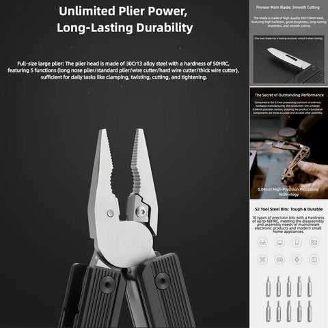Close-up of the 13-in-1 Full-Size Multitool With Ratcheting Screwdriver And Pliers Functions crafted from heat-treated steel, showcasing durable plier head.