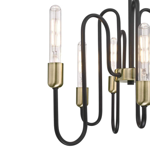 Six-Light Indoor Chandelier In Matte Black With Antique Brass Accents, curved arm design highlighting bulb detail