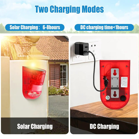 Two charging modes for Solar Powered Motion Sensor Alarm System With 129dB Outdoor Siren Waterproof Driveway Alarm Deterrent Strobe 6 LED