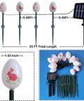 20 LED Solar Easter Egg Lights Outdoor Stake With 25 Ft Cord, 8 Modes Waterproof Yard Pathway Garden Lights shown with measurements and solar panel.