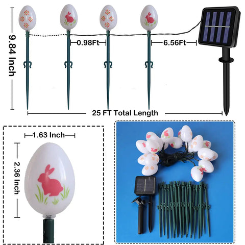 20 LED Solar Easter Egg Lights Outdoor Stake With 25 Ft Cord, 8 Modes Waterproof Yard Pathway Garden Lights shown with measurements and solar panel.