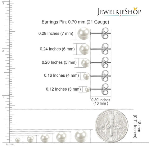 Five Pair Imitation Pearl Stud Earrings Set In 3Mm, 4Mm, 5Mm, 6Mm, And 7Mm Diameters, Hypoallergenic Surgical Stainless Steel, Nickel Free And Lead Free, Go-To Starter Earrings For Sensitive Ears, Everyday White Pearl Jewelry. Size chart of 3-7mm pearl stud earrings