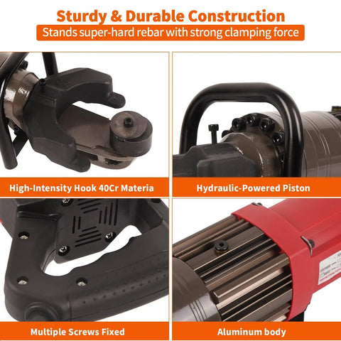 Heavy Duty 1200W Electric Rebar Bender Steel Bar Bending Tool 110V Hydraulic Bender detail of hydraulic piston and aluminum body.