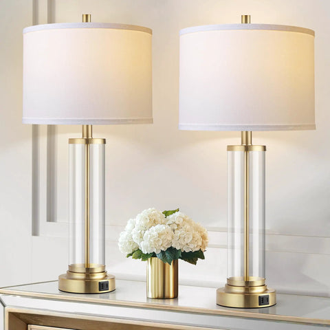 Touch Control Bedside Lamps Set Of 2 With USB A And C Ports, 3 Way Dimmable Nightstand Lighting With Fabric Shade on table