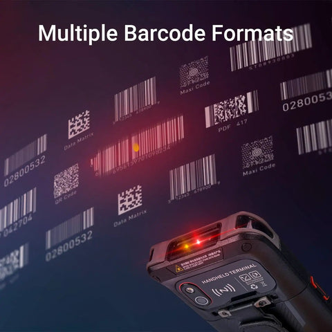 Android 13 Handheld Barcode Scanner for warehouse and retail scanning multiple barcode formats, red laser reading area visible.