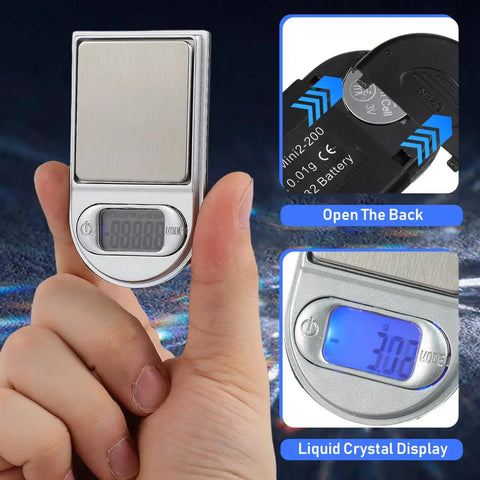 Hand holding Best Lil Pocket Digital Jewelry Scale Mini Gram Scale, showing LCD display and open battery compartment.