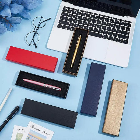 24-Piece Colorful Pen Gift Boxes Set Cushioned Cardboard Boxes For Ballpoint And Fountain Pens 7.2x2.1x0.9 Inches displayed with pens