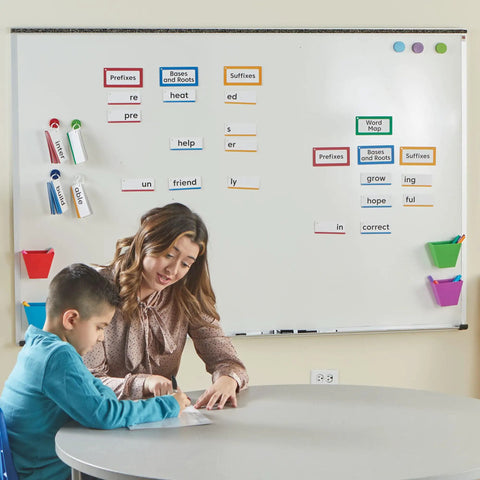 Teacher and student using Must-Have Morphology Wall Card Set For Phonics And Word Work, Prefixes Suffixes Roots on whiteboard.