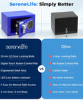 Comparison of Serene Life blue steel safe with keypad and black steel safe, highlighting Premium Steel Digital Safe Box With Electronic And Mechanical Access For Cash Jewelry And Small Guns Compact 9.1 Inch By 6.7 Inch By 6.7 Inch Lockbox For Hotels Cabinets And Home Use In Blue features.