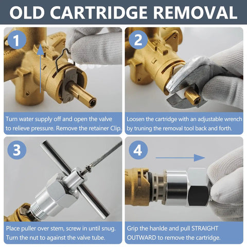 Steps for removing old cartridge with Moen 1222 Replacement Shower Cartridge With Removal Tool 104421 Kit For One Handle Posi Temp Faucets Durable Brass And Polyphenylene Cartridge Includes Retainer Clip And Lubricating Grease For Easy DIY Repair.