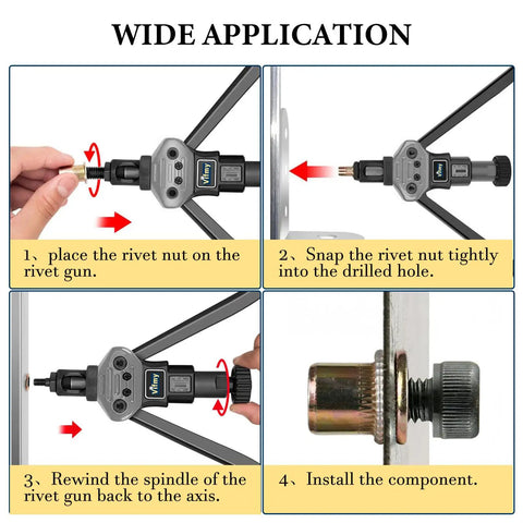 Rivet Nut Kit 240 Pcs Dope Six Size Set With 6-32 8-32 10-24 1/4-20 5/16-18 3/8-16 UNC Zinc Plated Carbon Steel Nutserts installation guide.