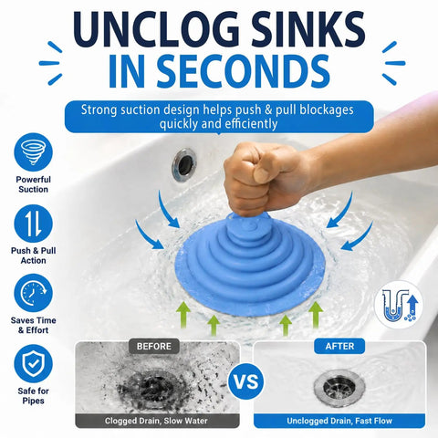 Six Inch Sleek Silicone Tub Stopper, Heavy Duty Bathtub Drain Plug With Rock Solid Suction Grip being used to unclog a sink.