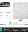 White 3D Faux Brick Wallpaper Peel And Stick Panels product dimensions and chip size information with trimming tool.