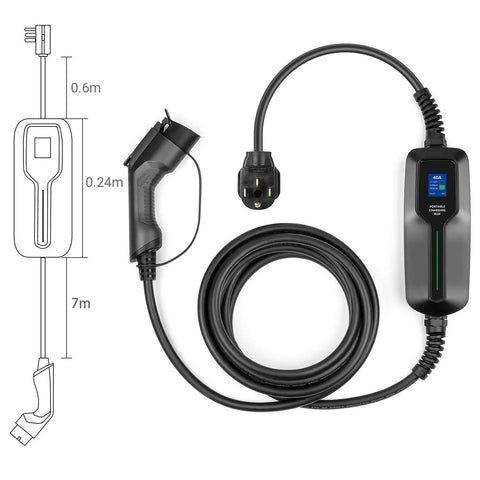40 Amp Level 2 EV Charger Portable 9.6kW With NEMA 14 50 Outlet, 25ft Cable, LCD Display showing charging status