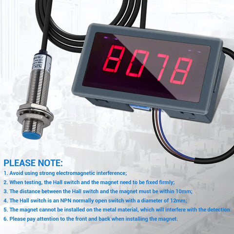 Digital Red LED Tachometer RPM Speed Meter For 110V 230V Motors with Hall Proximity Switch NPN Sensor displayed on screen