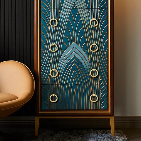Art Deco dresser with 12 pieces solid brass ring pull handles for dresser cabinets wardrobe doors and bedroom furniture hardware.