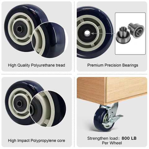 5 Inch Caster Wheels Set Of Four With Premium Polyurethane Tread On Polypropylene Core Half Inch Bore Double Precision Ball Bearings Heavy Duty Casters With 3200 Lbs Capacity Ideal For Carts And Dollies In Workshops And Warehouses