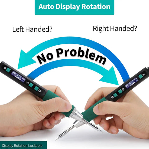 928D IV Pro Grade All In One Soldering Iron Kit with Type C Port showing auto display rotation for left and right-handed use.