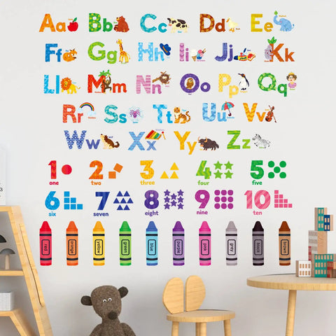 Animal Alphabet And Numbers Wall Decals Set For Kids Rooms Classroom Decor Peel And Stick Removable Letters ABC Educational Nursery Bedroom Playroom Decor Ideas, showing colorful alphabet and numbers decals with crayons on a wall.
