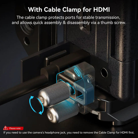 Close-up of Cage Kit for Sony A6700 With HDMI Cable Clamp And Built In Quick Release Plate Arca Type Rig showing HDMI clamp.
