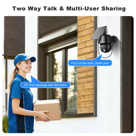 Wireless Outdoor Security Camera System With 2K Pan Tilt 360 View, Solar Or Battery Powered, shown on a house wall