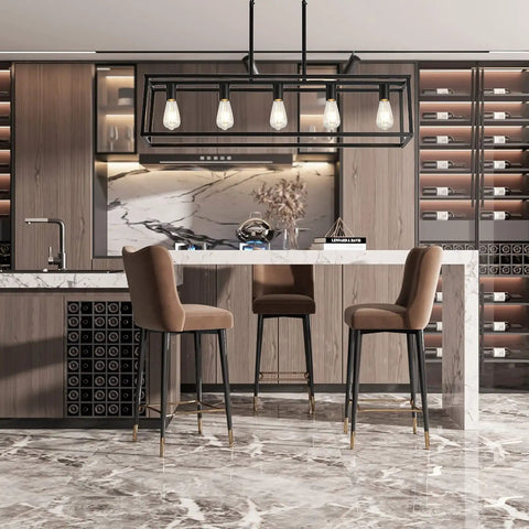 Farmhouse Black 5 Light Kitchen Island Pendant Light Set, Dope Modern Linear Cage Ceiling Fixture for Dining Room.