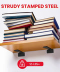 Rock Solid Hidden Floating Shelf Brackets Heavy Duty Black Metal L Bracket Wall Support holding books on wooden shelf.