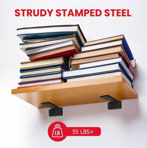 Rock Solid Hidden Floating Shelf Brackets Heavy Duty Black Metal L Bracket Wall Support holding books on wooden shelf.
