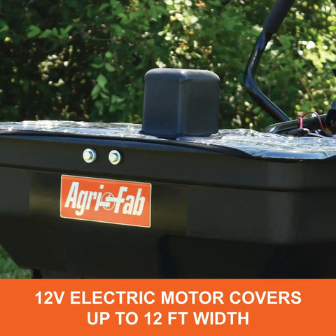 Zero Turn Mower Electric Spreader with 125 lb Rustproof Poly Hopper, featuring a sealed 12V motor for up to 12 ft coverage.