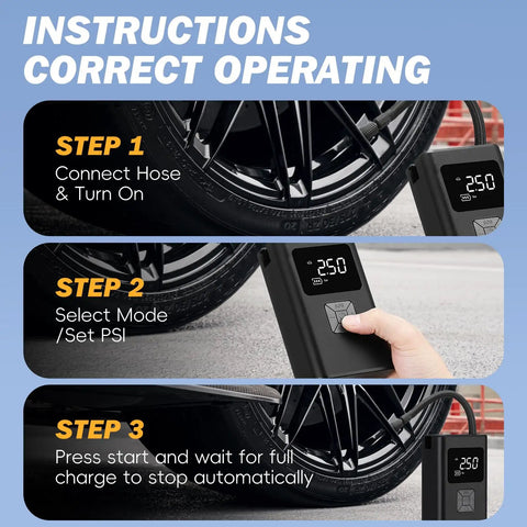 Image showing operating instructions for Plug And Play 150 Psi Tire Inflator Fast Fill Air Compressor Digital Gauge Auto Shut Off.
