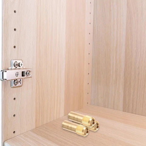 Brass Shelf Pins Set Durable And Easy To Install With Antique Style No Fuss 4 Pack Golden Color inside a wooden cabinet.
