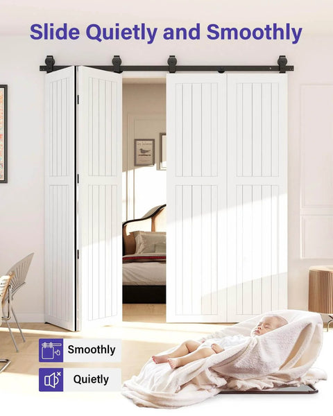 Bifold Barn Door Hardware Kit For 76 Inch Closet Doors, 80 Inch Track System with J Shape Top Mount Rollers installed in room