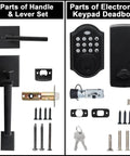 Keypad Deadbolt Electronic Keyless Entry Door Lock With Handle For Homes Offices And Hotels No Key Hassle Easy To Install Auto Lock One Touch Locking 50 User Codes Matte Black components including lever, keypad, and screws