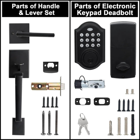 Keypad Deadbolt Electronic Keyless Entry Door Lock With Handle For Homes Offices And Hotels No Key Hassle Easy To Install Auto Lock One Touch Locking 50 User Codes Matte Black components including lever, keypad, and screws