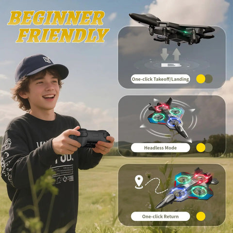 Young boy flying Remote Control Planes For Kids And Adults, shown using headless mode and one-click features outdoors