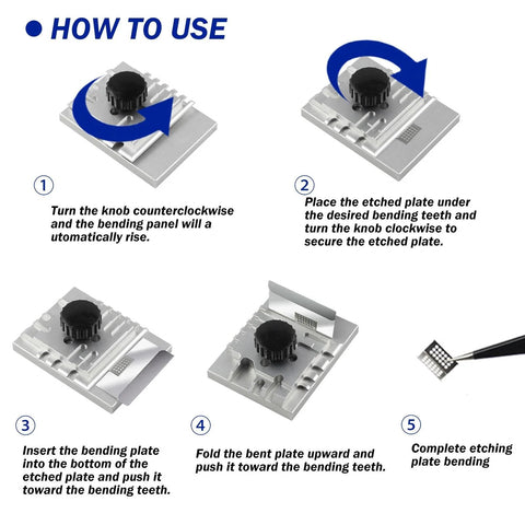 JOYABEST photo-etched parts bender on silver base with black knurled knob; five-step how-to diagram