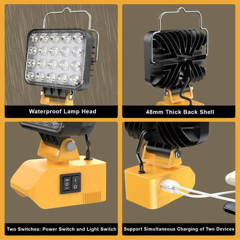 54W LED Work Light Cordless Flood Light With 7600 Lumens And 3800 Lumens Dual Brightness Mega Bright 150 Degree Pivot Head