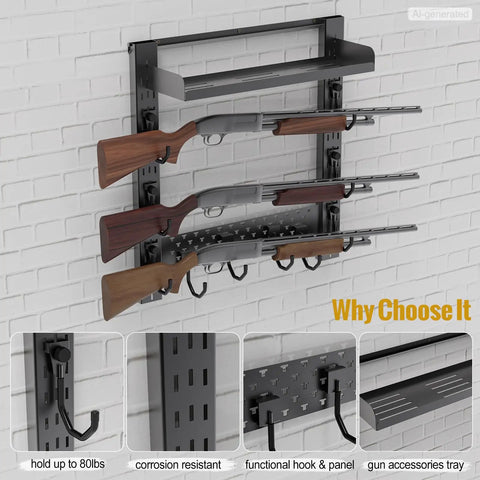 Sturdy Wall Mount Gun Rack With Shelf Holds Up To 80lbs Fits Three Rifles And Gear Includes Removable Accessories Tray