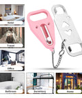 Premium Portable Door Lock 2 Pack Pink for Extra Privacy showing pink and silver door locks with travel and home use examples