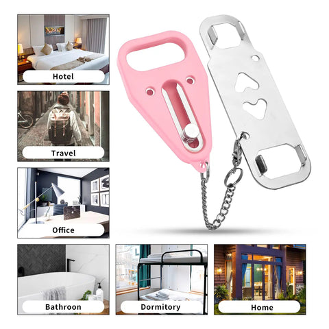Premium Portable Door Lock 2 Pack Pink for Extra Privacy showing pink and silver door locks with travel and home use examples