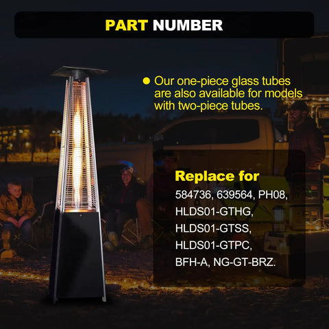 Outdoor pyramid heater with Beefed Up Replacement Quartz Glass Tube With Rubber Ring For Four Sided Pyramid Patio Heaters 49.5 Inch Tall And 4 Inch Diameter Fits 87 Inch Four Sided Pyramid Outdoor Heaters Durable Glass Tube Accessory For Outdoor Heaters