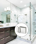 Buttery Smooth L Mount Shower Door Hinge For One Quarter Inch Tempered Glass Aluminum Bracket Polished Chrome Finish in modern bathroom setting.