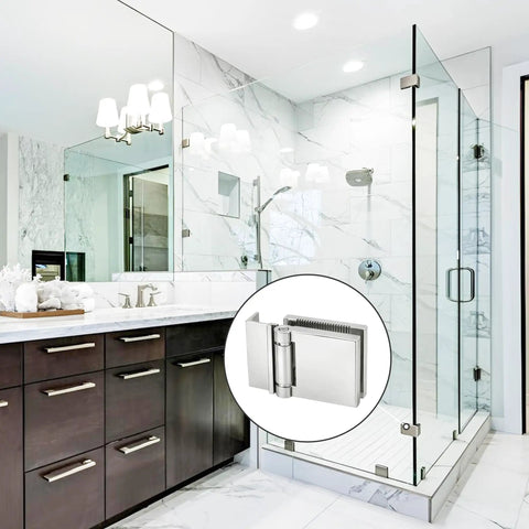 Buttery Smooth L Mount Shower Door Hinge For One Quarter Inch Tempered Glass Aluminum Bracket Polished Chrome Finish in modern bathroom setting.
