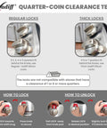 Quarter-coin clearance test for stove knob locks showing regular and thick Vadiff silicone locks with installation guidance.