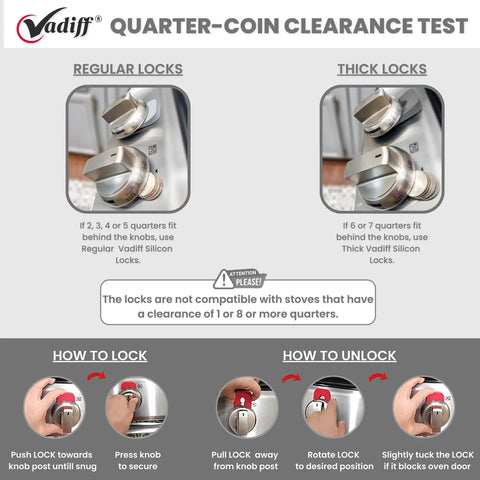 Quarter-coin clearance test for stove knob locks showing regular and thick Vadiff silicone locks with installation guidance.