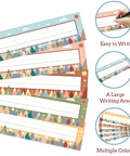 Moving Mountains Desk Nameplates set of 30 in colorful patterns, showing writing surface and design details, 4.1x12.6 inches.