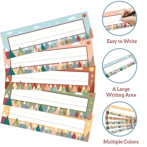 Moving Mountains Desk Nameplates set of 30 in colorful patterns, showing writing surface and design details, 4.1x12.6 inches.